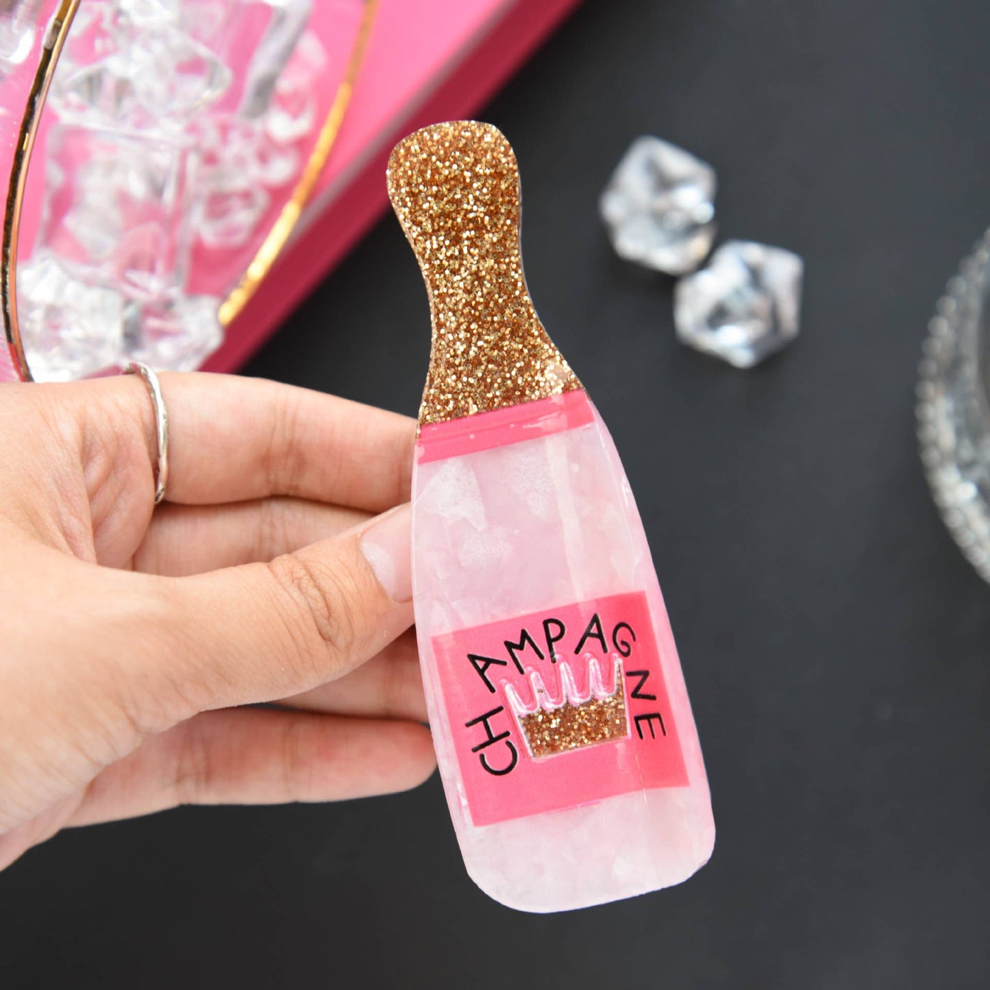 Glitter Pink Champagne Bottle Hair Clip