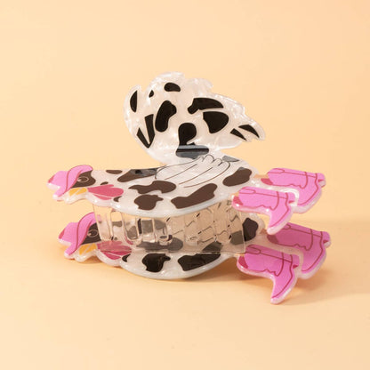 Cow Print Rooster with Western Hat & Boots Hair Claw
