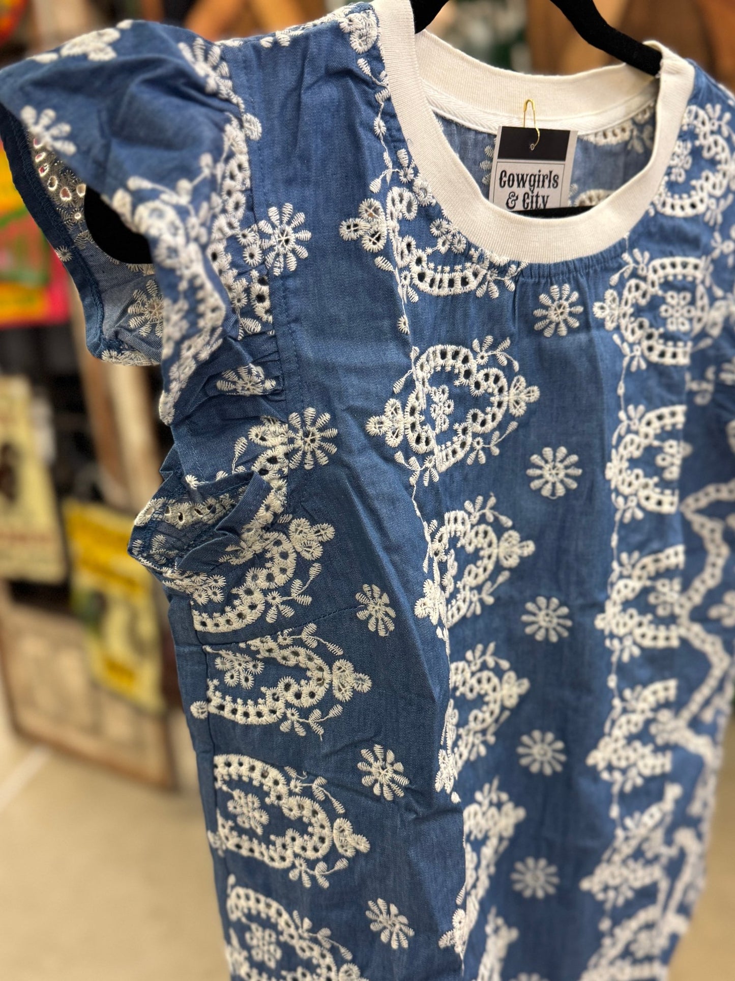 Denim Embroidered Ruffle Top - Cowgirls & City Chics