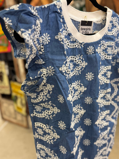 Denim Embroidered Ruffle Top - Cowgirls & City Chics