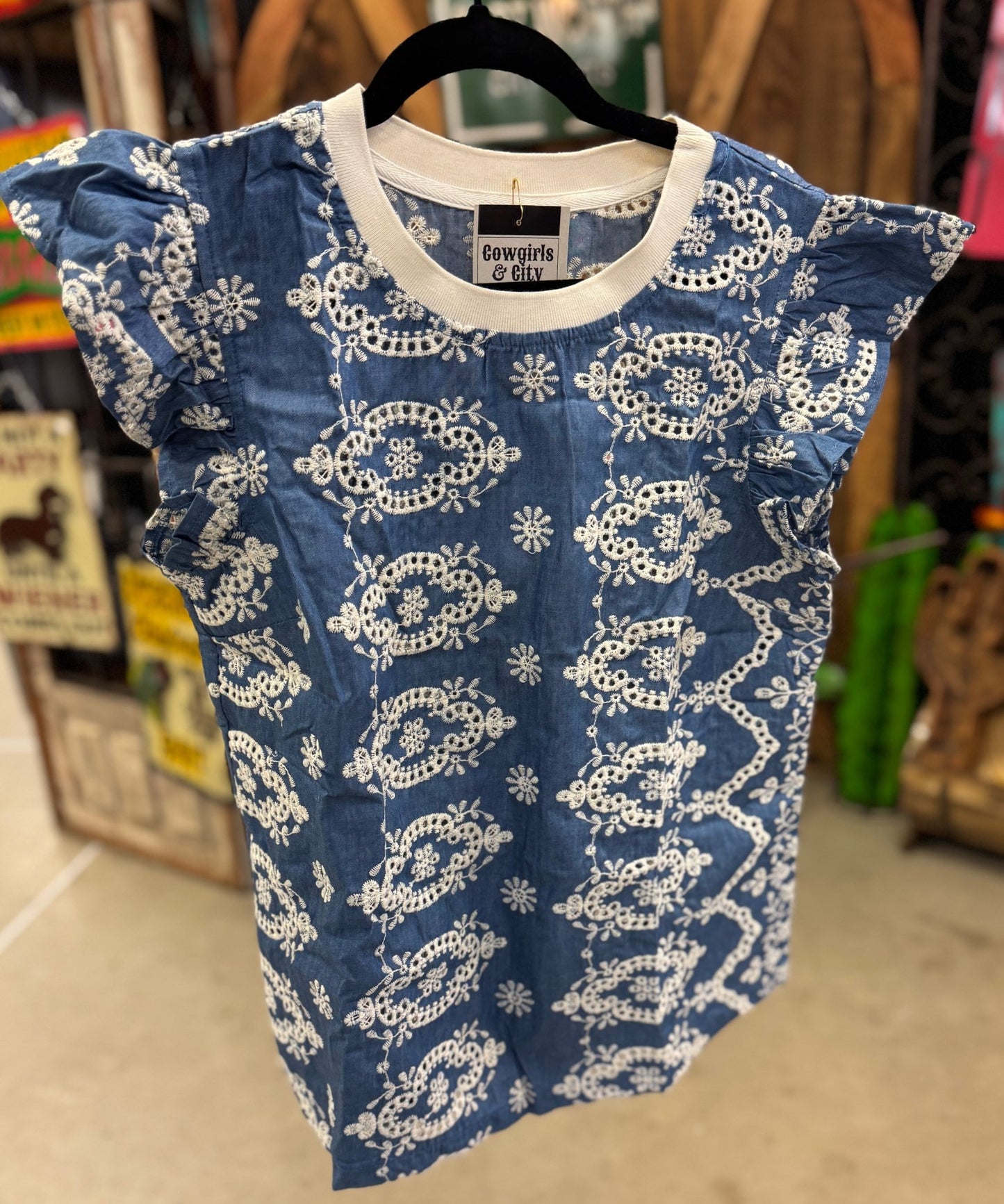 Denim Embroidered Ruffle Top - Cowgirls & City Chics