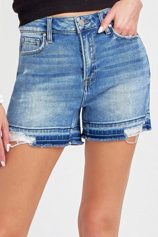 Distressed Hem Risen Denim Shorts - Cowgirls & City Chics