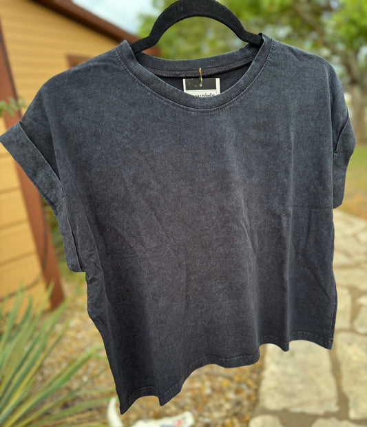 {Everyday} Washed Cuffed BLK Tee - Cowgirls & City Chics