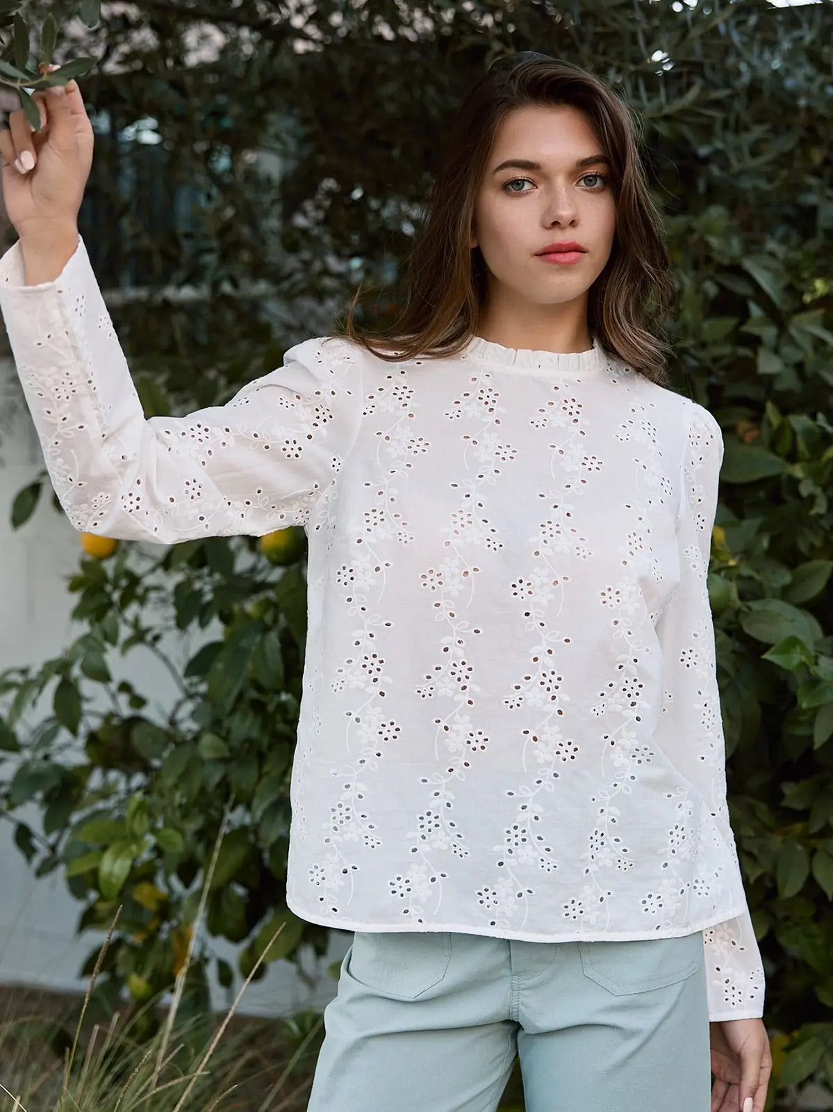 {Miranda} Eyelet Ruffle Neck Blouse