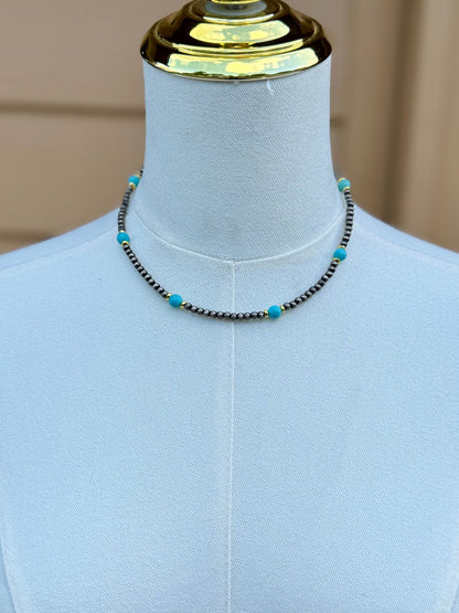 Faux Pearl, Gold & Turquoise Necklace - Cowgirls & City Chics