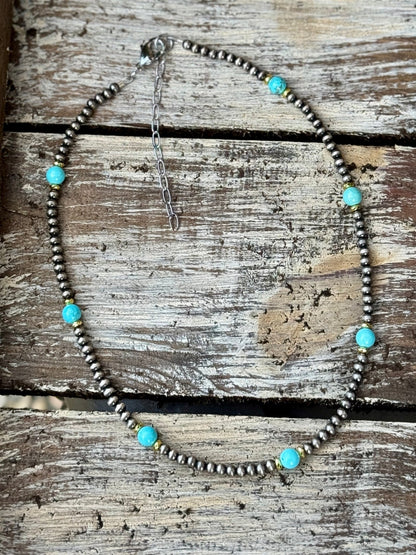 Faux Pearl, Gold & Turquoise Necklace - Cowgirls & City Chics