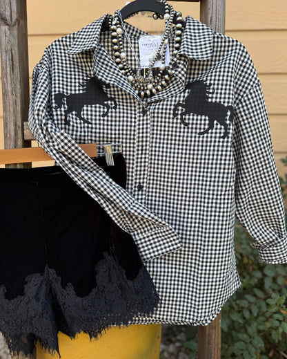 Gingham Horse Long Sleeve Top - Cowgirls & City Chics