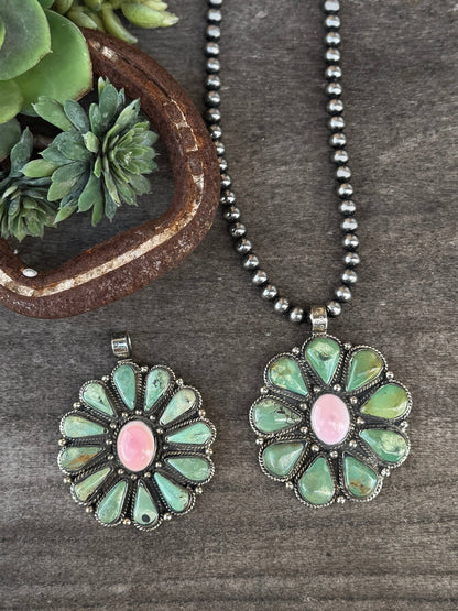 Green Kingman & Pink Conch Cluster Pendent - Cowgirls & City Chics