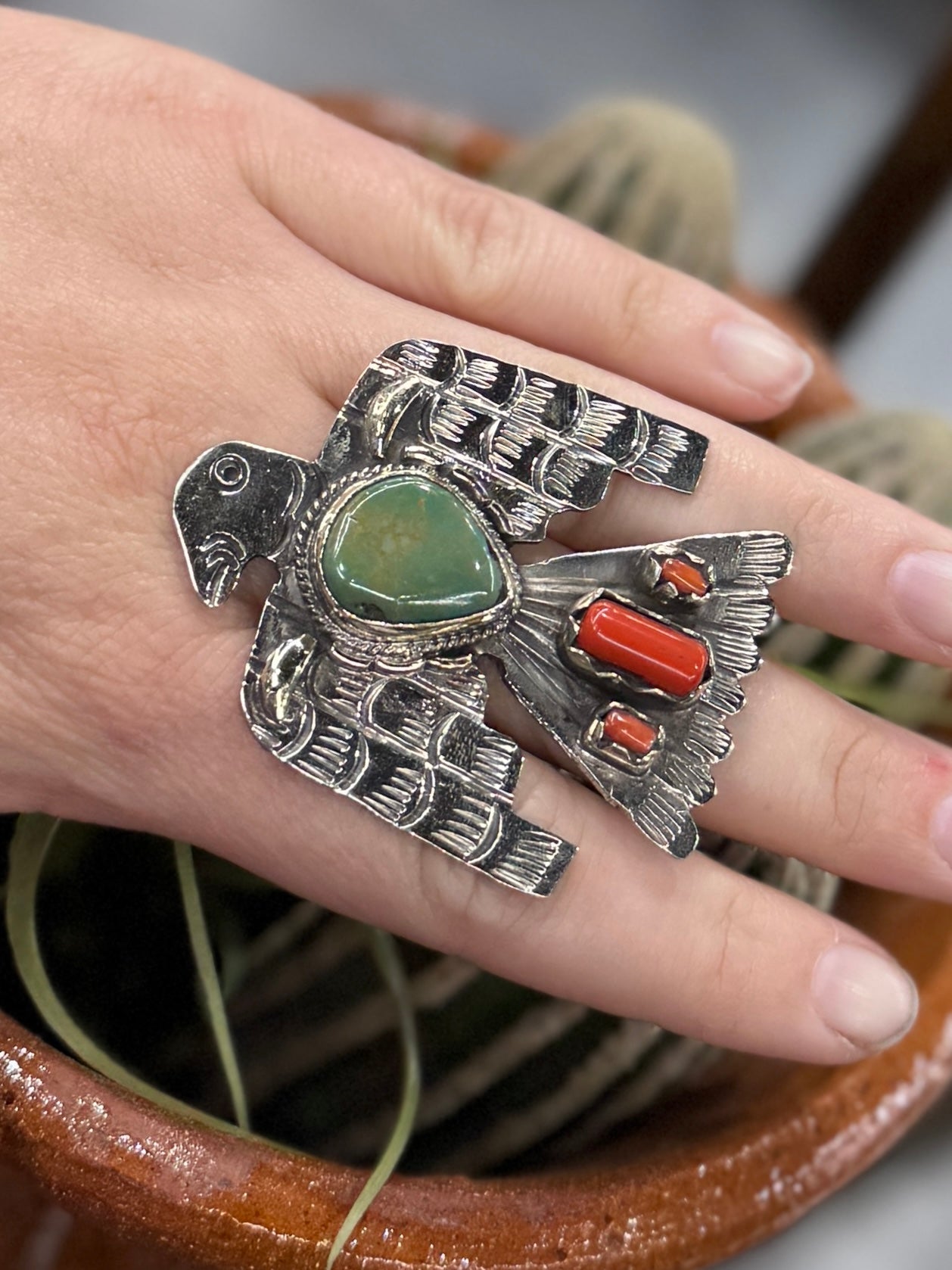 Kingman & Coral Thunderbird Ring - Cowgirls & City Chics