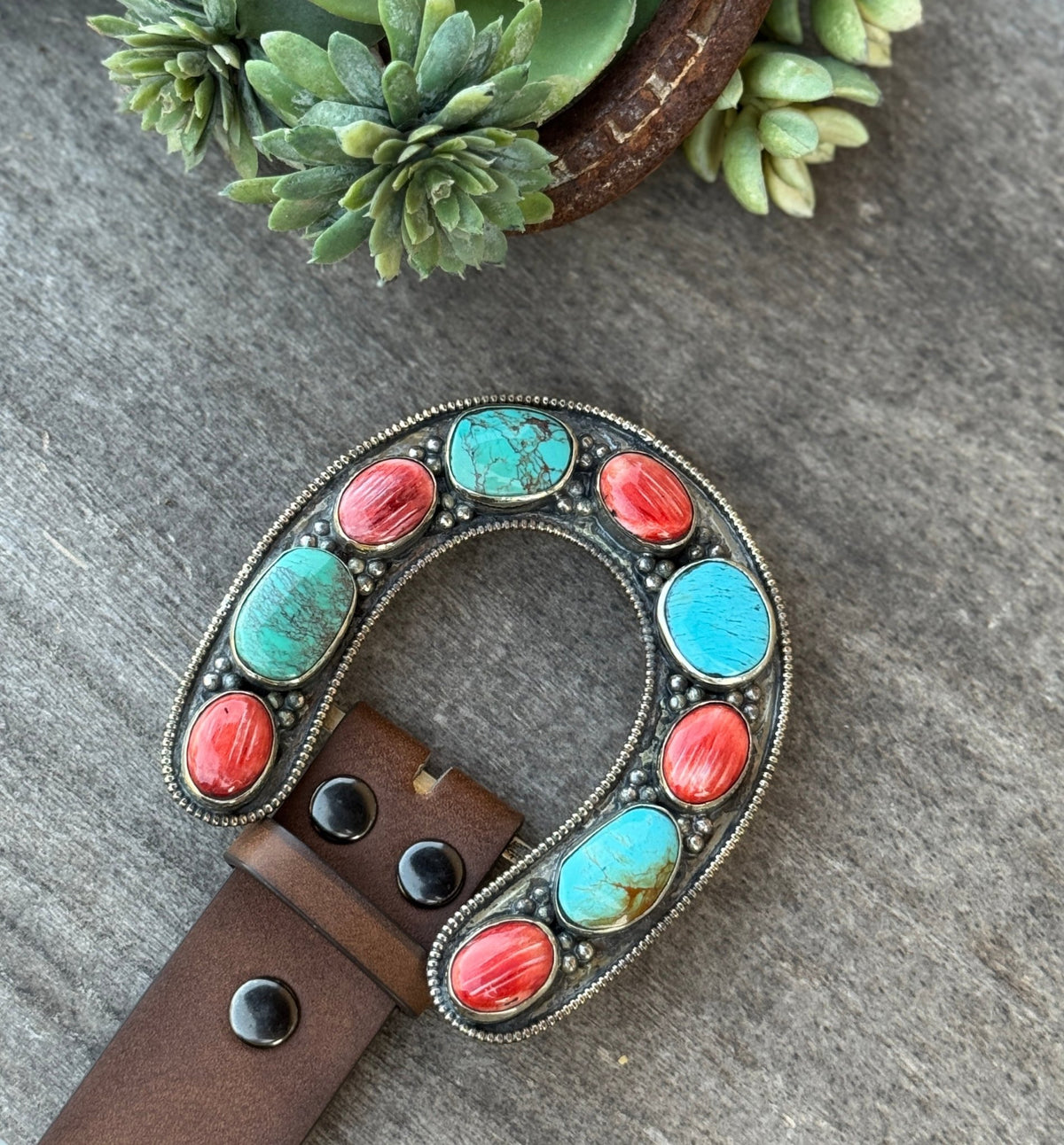 Kingman & Red Spiny Horseshoe Buckle - Cowgirls & City Chics