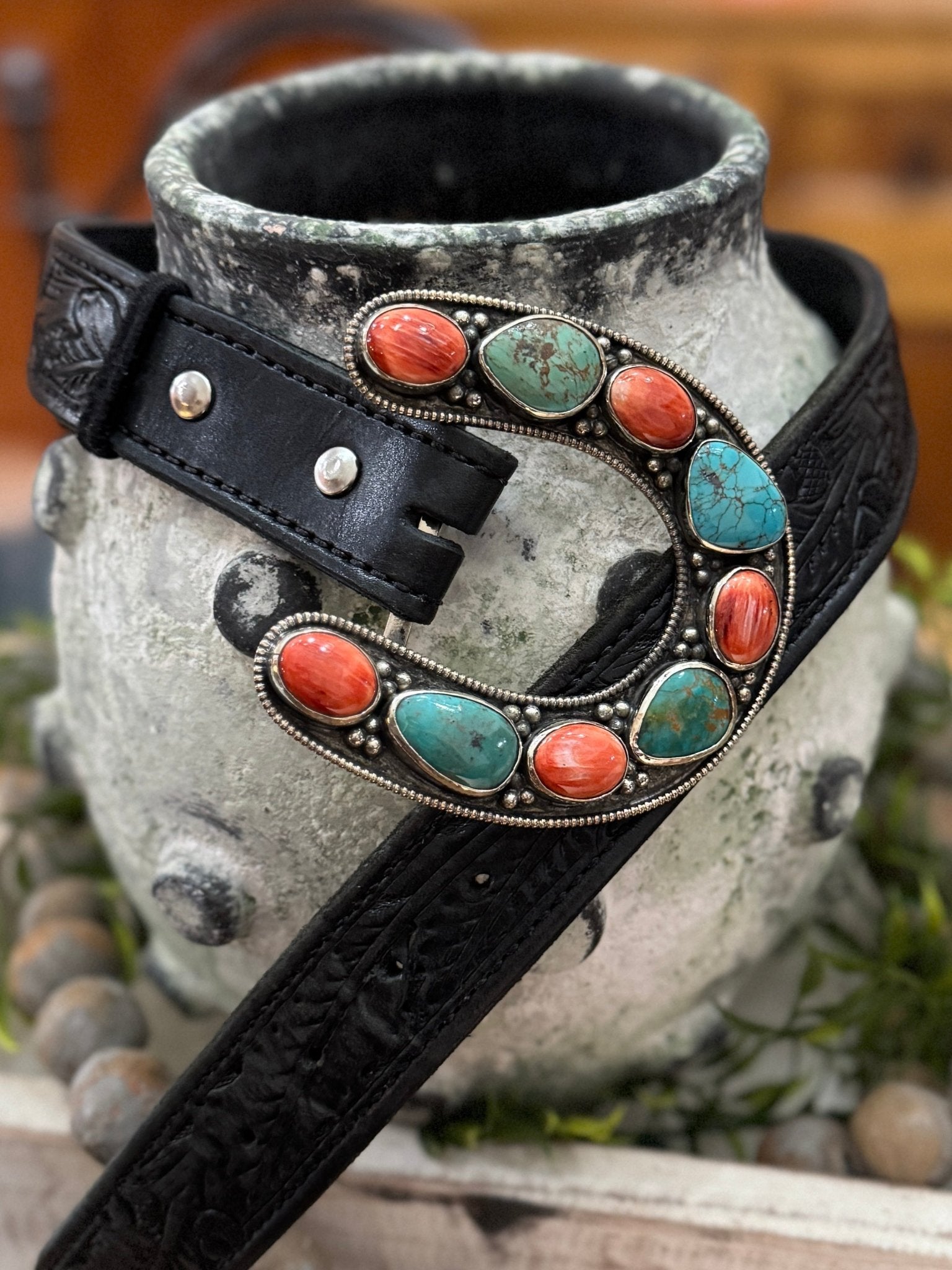 Kingman & Red Spiny Horseshoe Buckle - Cowgirls & City Chics