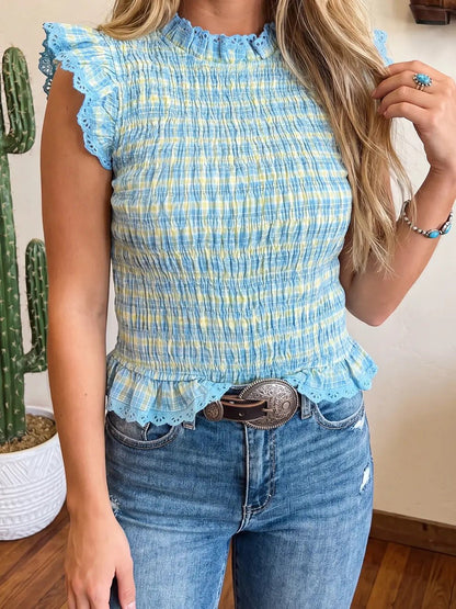 Lace Trim Gingham Smoked Tank - Cowgirls & City Chics