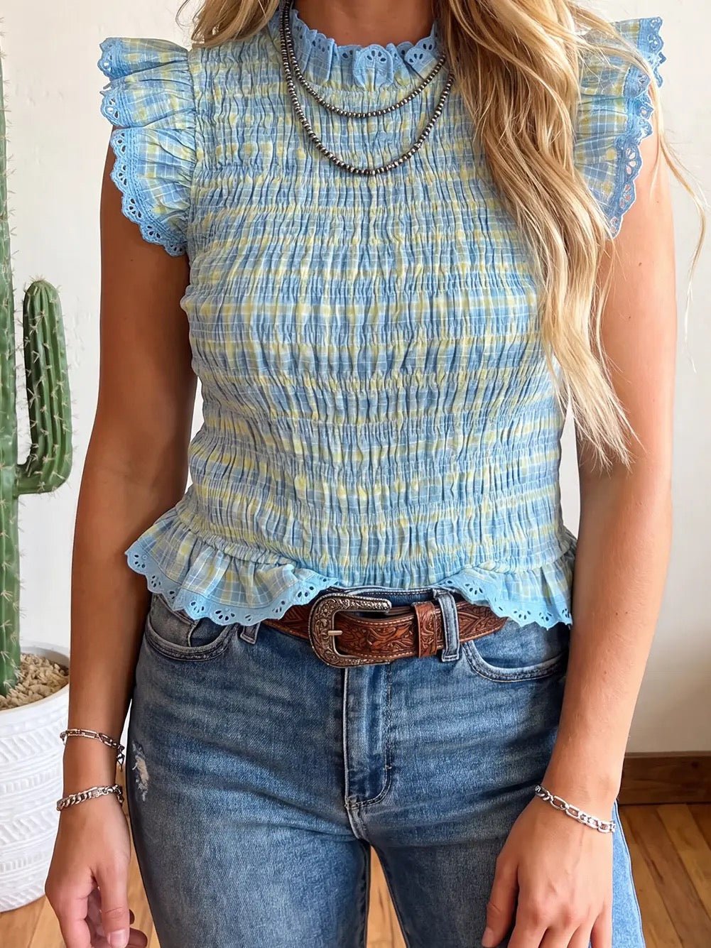 Lace Trim Gingham Smoked Tank - Cowgirls & City Chics