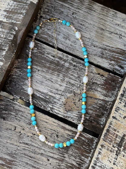{Merle} Turquoise, Pearl & Gold Necklace - Cowgirls & City Chics