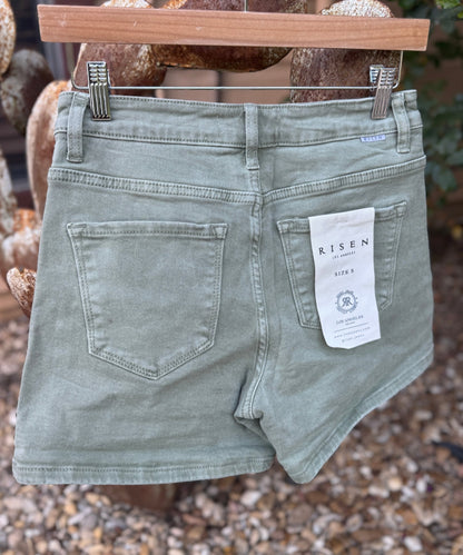Olive Cuffed Risen Denim Shorts - Cowgirls & City Chics