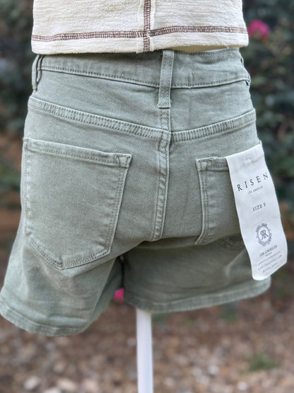 Olive Cuffed Risen Denim Shorts - Cowgirls & City Chics