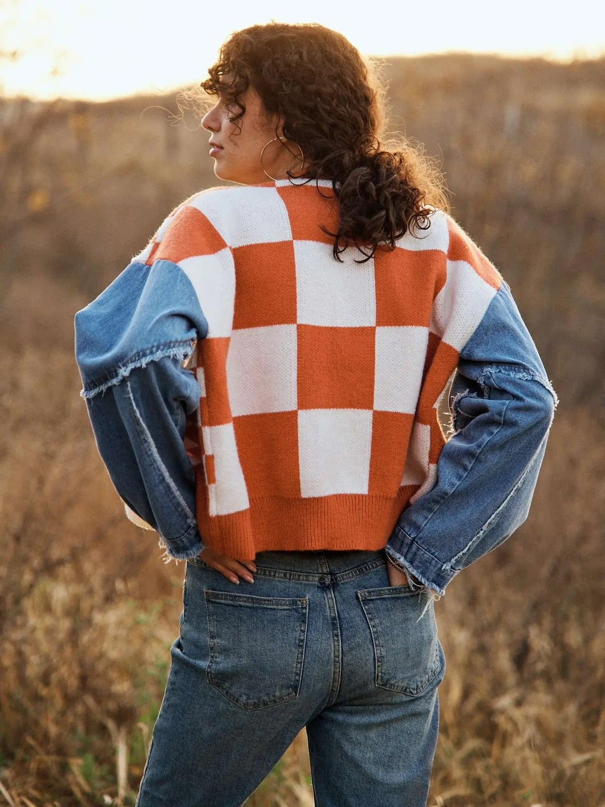 Orange Checker Denim Cardigan - Cowgirls & City Chics