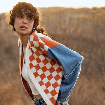 Orange Checker Denim Cardigan - Cowgirls & City Chics