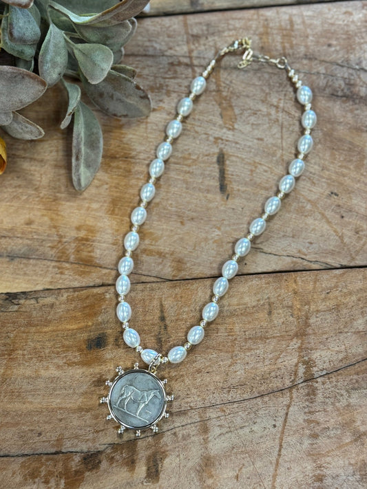 Pearl & Gold Horse Coin Necklace - Cowgirls & City Chics