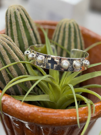 Pearl Silver Cross Cuff - Cowgirls & City Chics