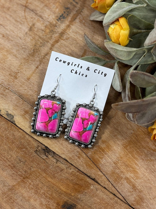 Pink Dahlia Square Earrings - Cowgirls & City Chics