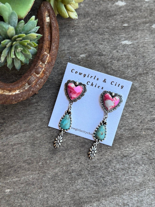 Pink & Turquoise Heart Dangle Earrings - Cowgirls & City Chics