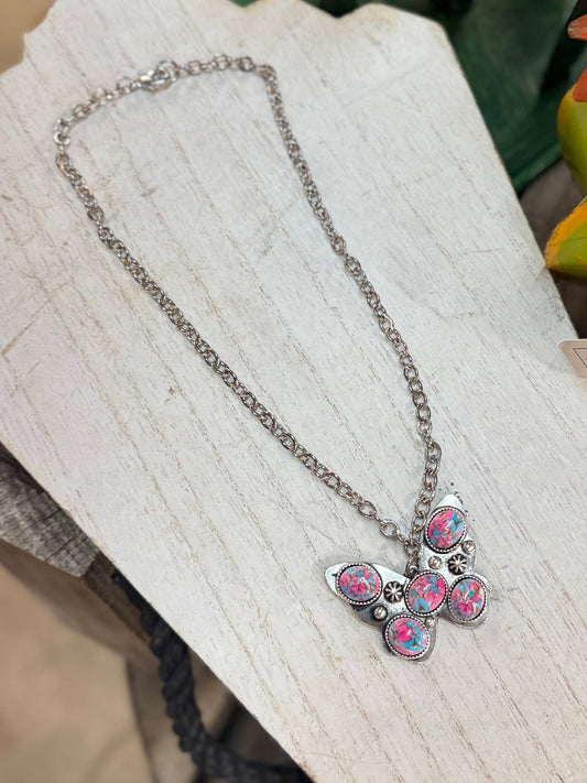 Pink/TQ Butterfly Pendent Necklace - Cowgirls & City Chics