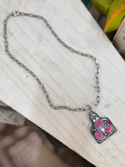 Pink/TQ Cow Tag Necklace - Cowgirls & City Chics