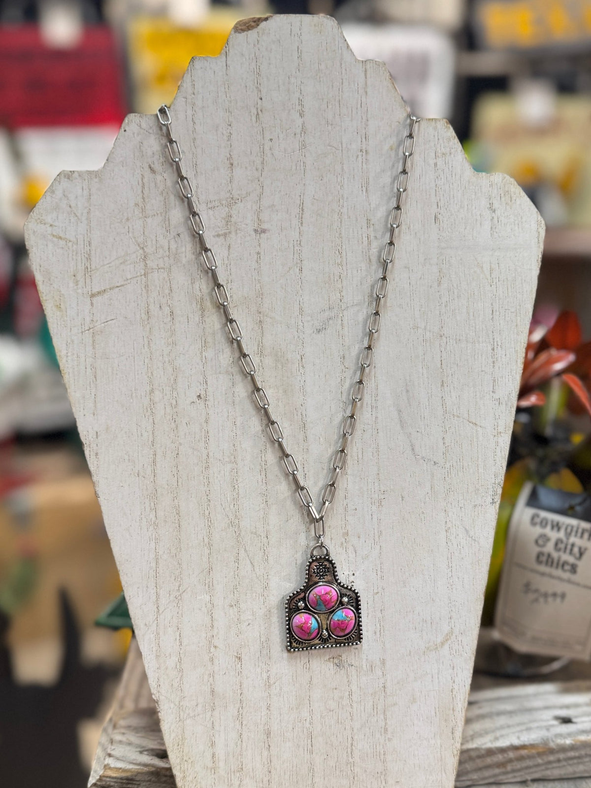 Pink/TQ Cow Tag Necklace - Cowgirls & City Chics