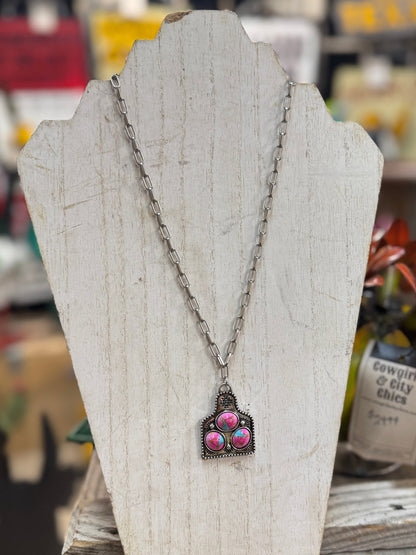 Pink/TQ Cow Tag Necklace - Cowgirls & City Chics