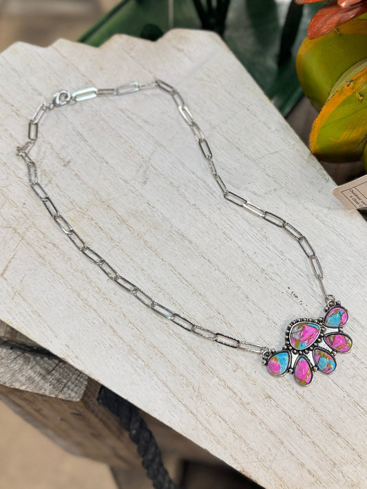 Pink/TQ Side Pendent Necklace - Cowgirls & City Chics