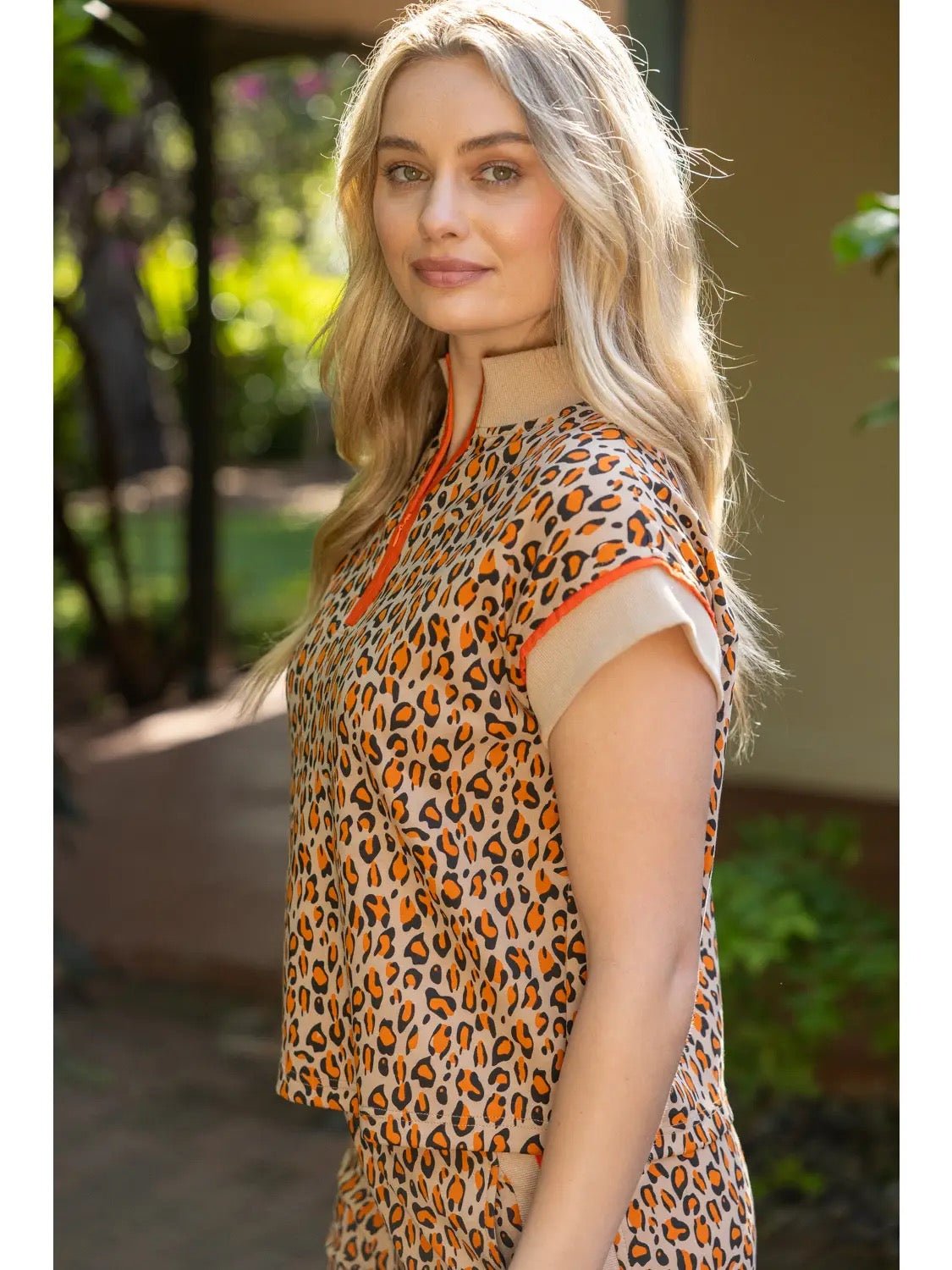 Quarter Zip Orange Leopard Top - Cowgirls & City Chics