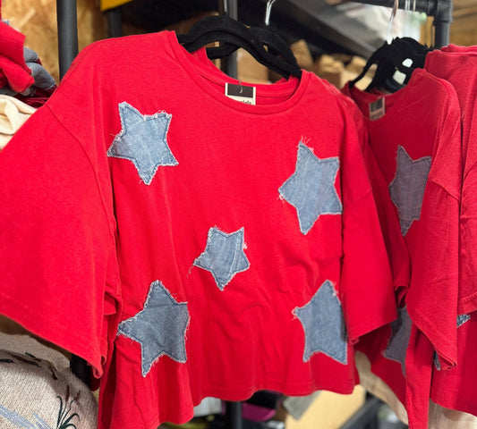 {RED} Denim Star Patch Top - Cowgirls & City Chics