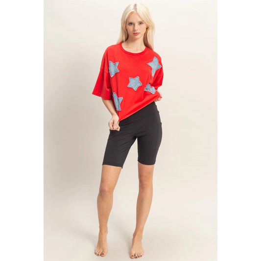 {RED} Denim Star Patch Top - Cowgirls & City Chics