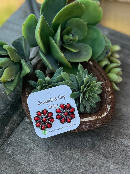 Red Round Stud Cluster Earrings - Cowgirls & City Chics