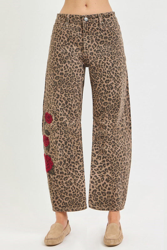 Risen Embroidered Rose Leopard Barrel Jeans - Cowgirls & City Chics