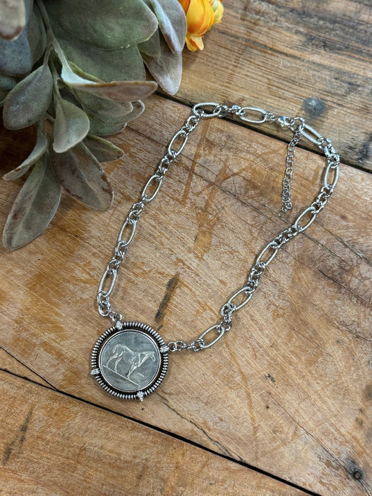 Silver Side Horse Coin Necklace - Cowgirls & City Chics