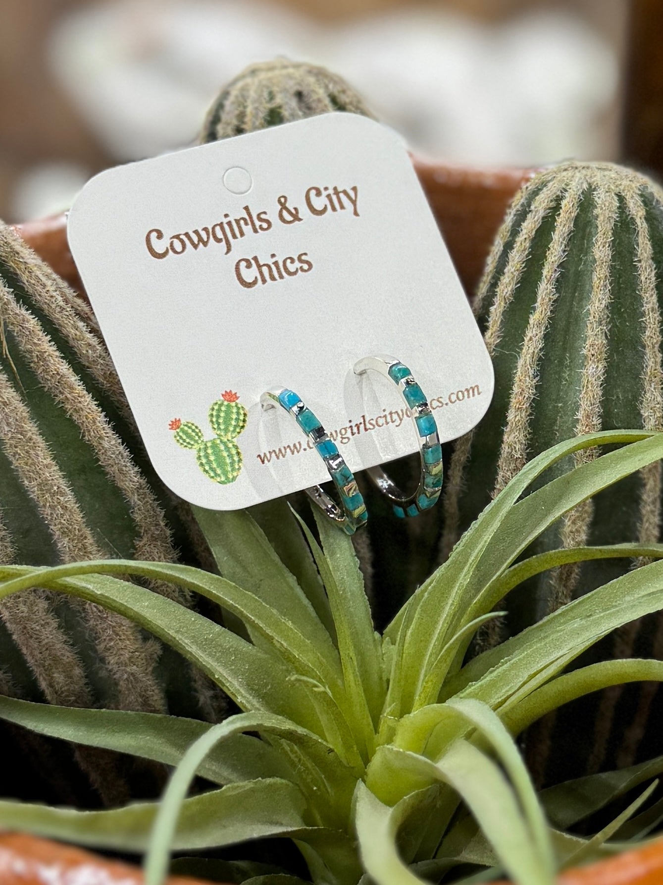 Skinny Turquoise Silver Hoops - Cowgirls & City Chics