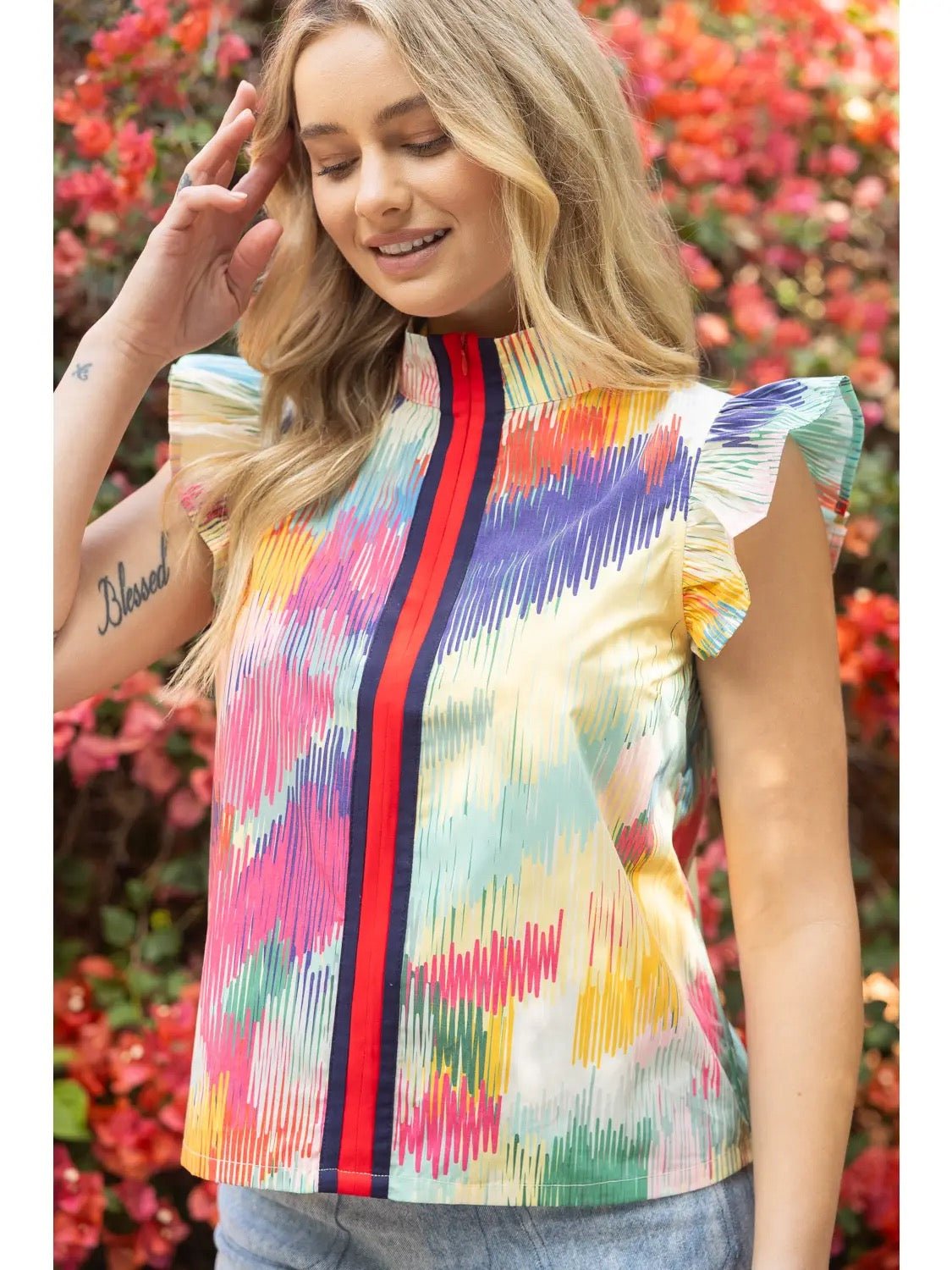 Stripe Zip Ruffle Sleeve Top - Cowgirls & City Chics