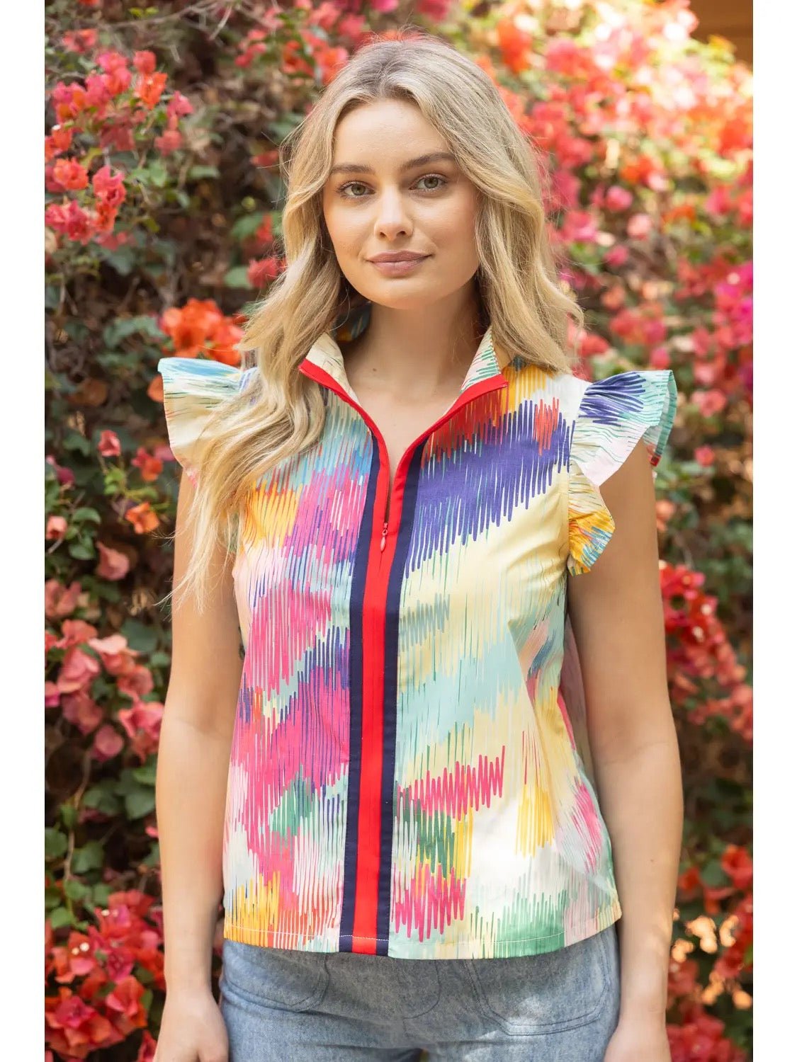 Stripe Zip Ruffle Sleeve Top - Cowgirls & City Chics