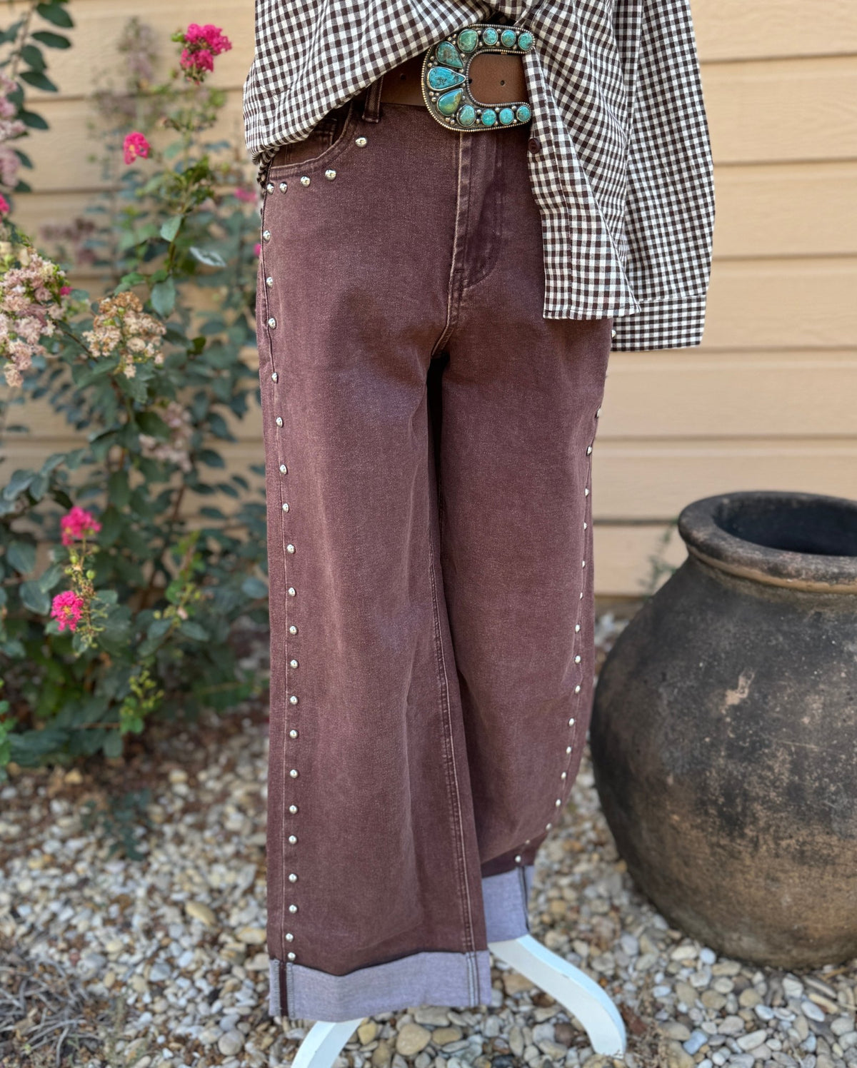Stud Trim Brown Cuffed Jeans - Cowgirls & City Chics