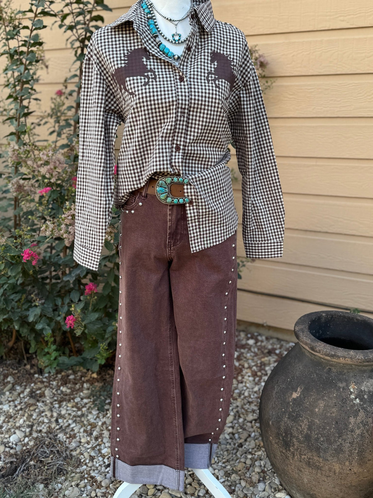 Stud Trim Brown Cuffed Jeans - Cowgirls & City Chics