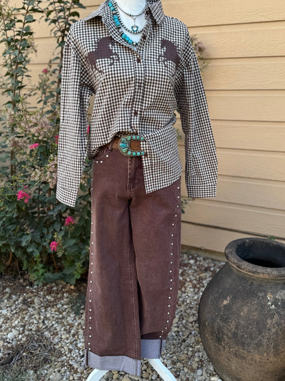 Stud Trim Brown Cuffed Jeans - Cowgirls & City Chics