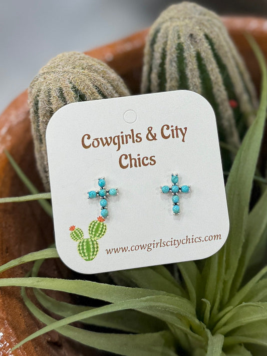 Turquoise Cross Stud Earrings - Cowgirls & City Chics