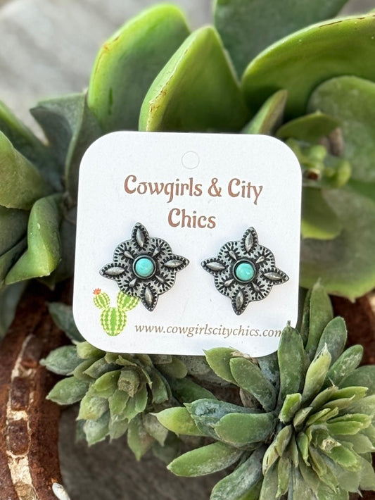 Turquoise Diamond Concho Studs - Cowgirls & City Chics