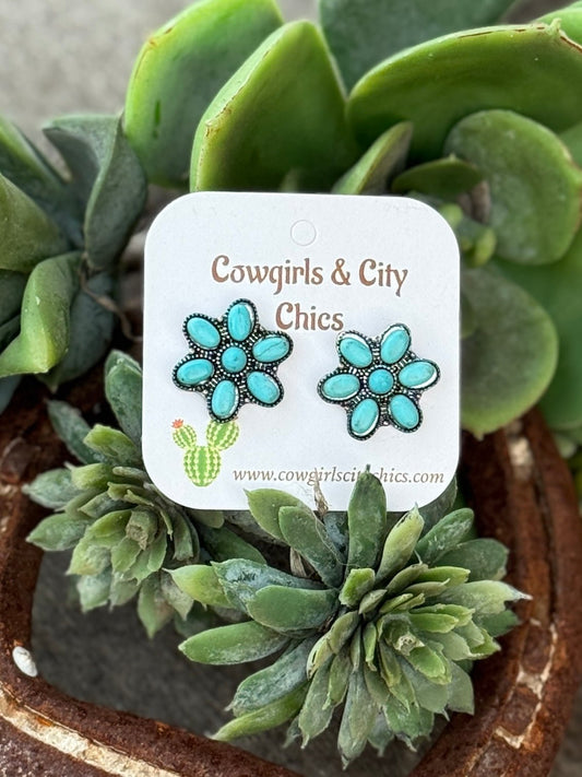 Turquoise Round Flower Earrings - Cowgirls & City Chics