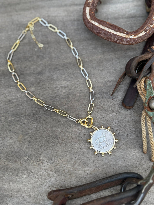 Two - Tone Equestrian Coin Necklace - Cowgirls & City Chics