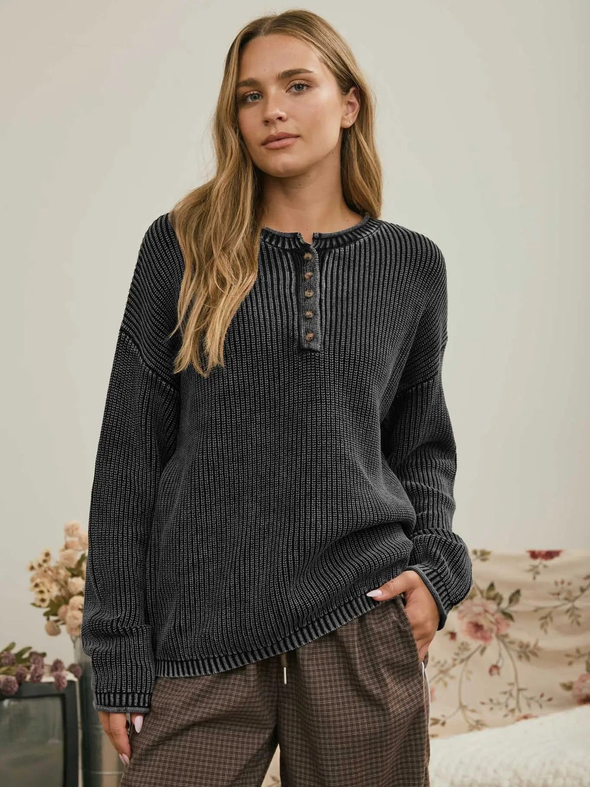 Washed {Ali} Ribbed Henley Knit Sweater - Cowgirls & City Chics