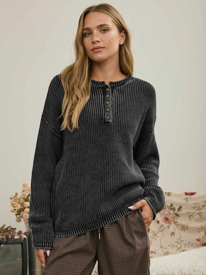 Washed {Ali} Ribbed Henley Knit Sweater - Cowgirls & City Chics
