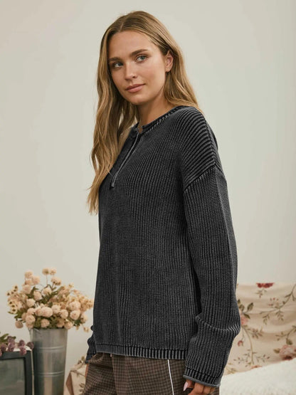 Washed {Ali} Ribbed Henley Knit Sweater - Cowgirls & City Chics